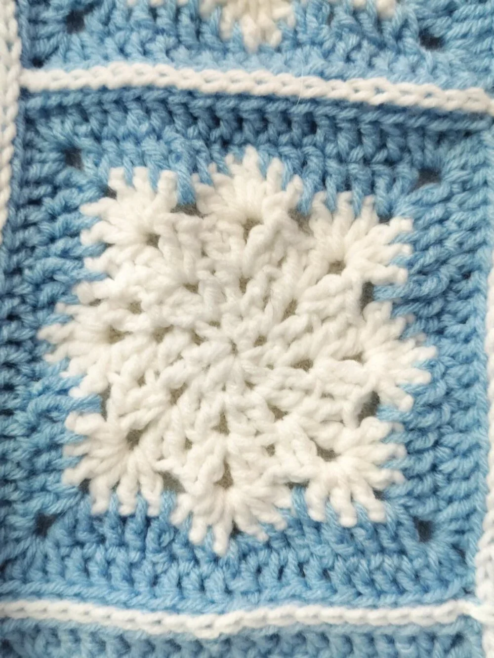 Handmade Granny Square Lapghan Snow Flake Blue and White Size 47